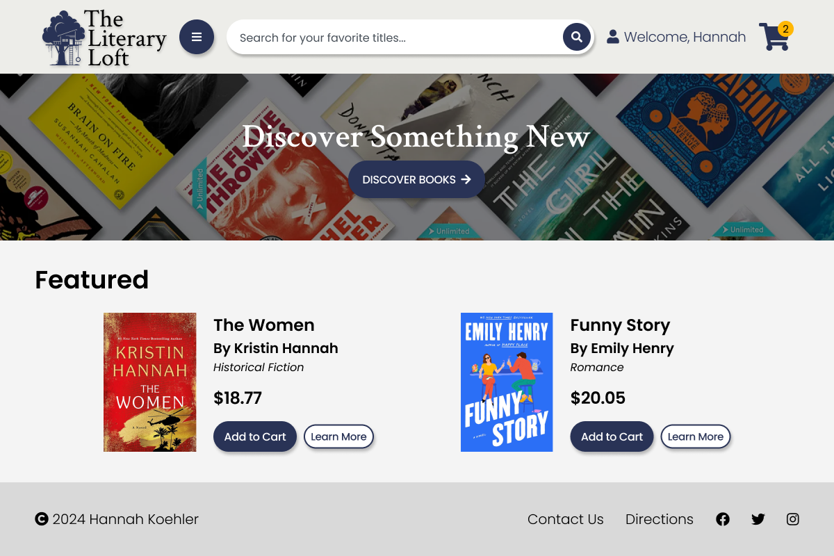 A photo of the landing page for the online bookstore. The page includes a hero image with text that says 'Discover Something New'. Below the hero image are two featured books, 'The Women' by Kristin Hannah and 'Funny Story' by Emily Henry.