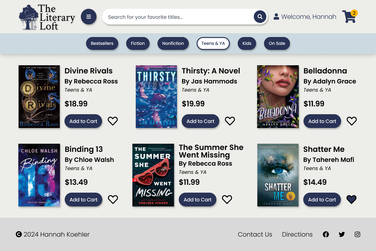 A wireframe of the Literary Loft Book Cateogry Page.