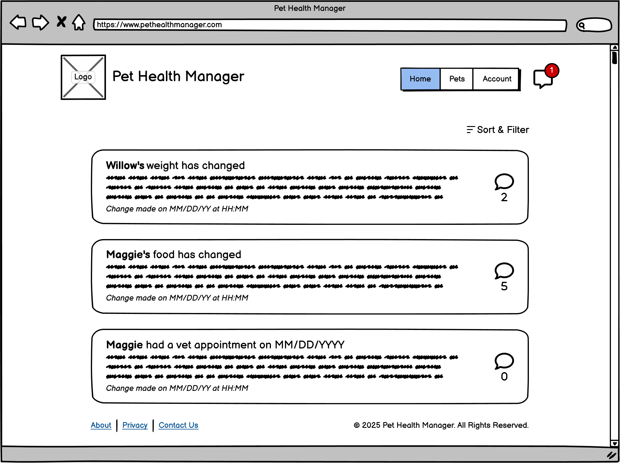 A wireframe of the Pet Health manager home page.