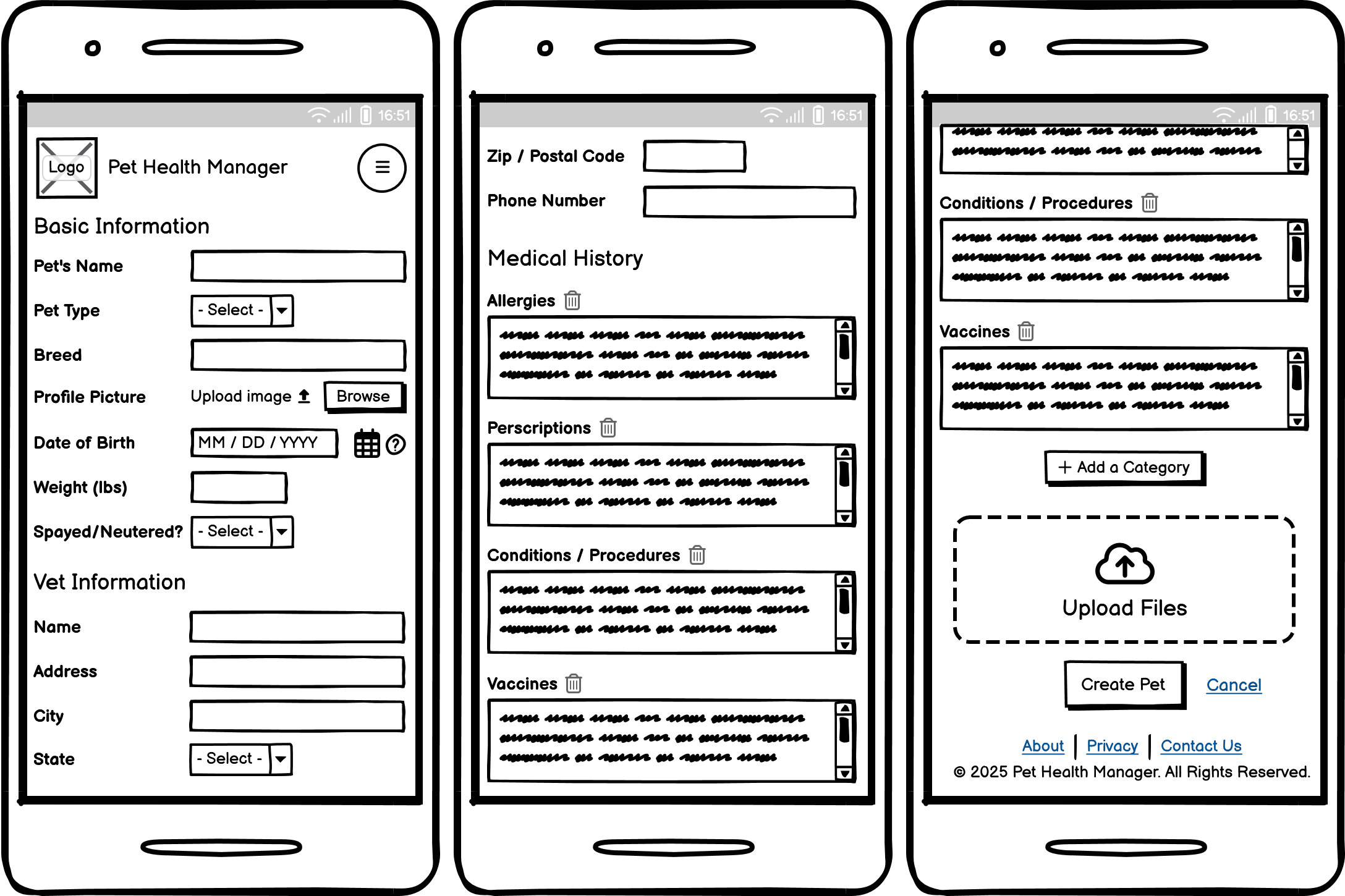 A wireframe of the Pet Health manager mobile create pet page.