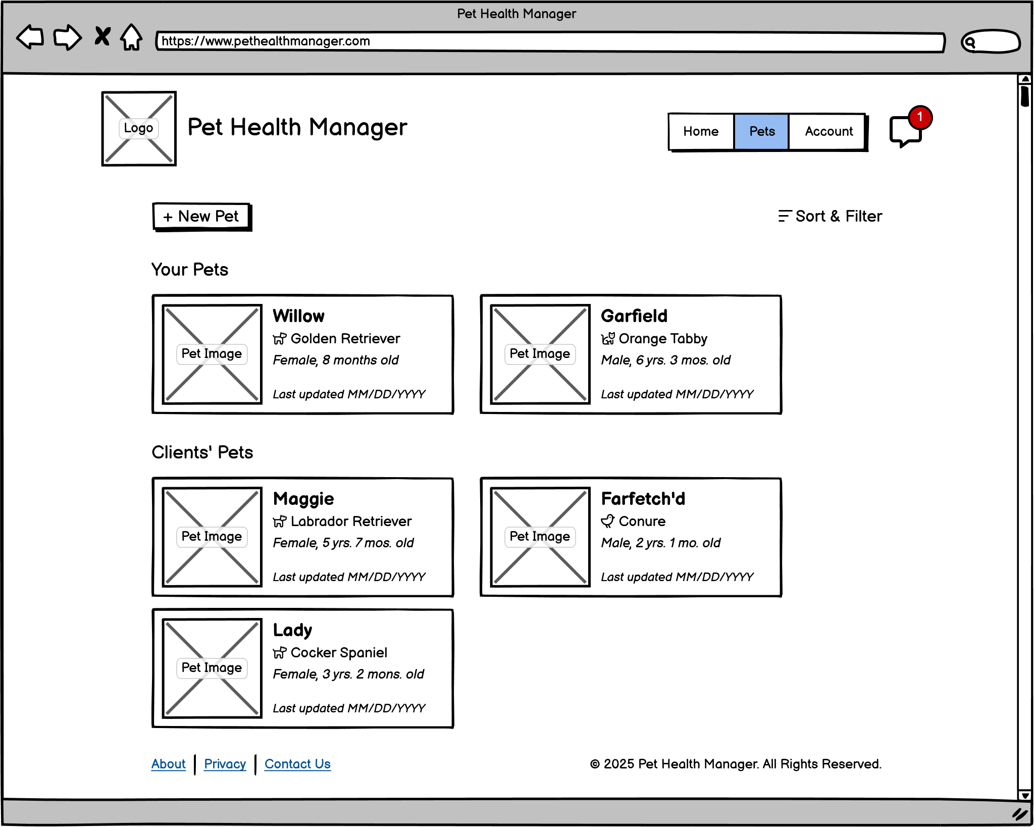 A wireframe of the Pet Health manager pet list page.