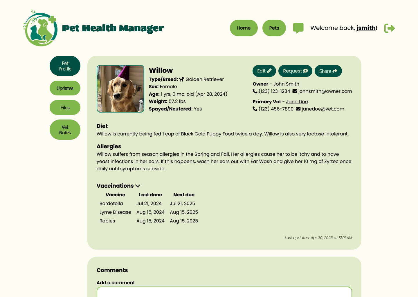 A photo of the pet details or pet profile page from the program. The photo depicts the pet profile for a dog named Willow.