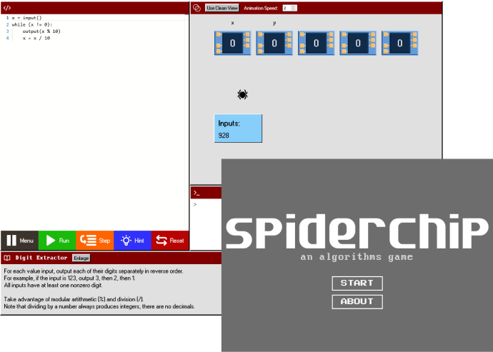 Assorted photos from the SpiderChip program; The photo in the foreground display the program's landing page, which contains the title, a 'Start' button, and an 'About' button. The photo in the background depicts the programs puzzle user interface.