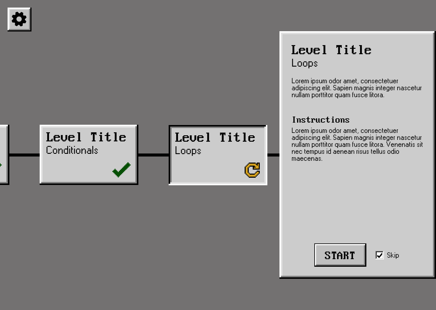A high-fidelity mockup of the SpiderChip level selection page. The page contains a row of boxes which represent different levels. Within the boxes are the level's title, topic and status. The boxes are connected by lines, which indicate the order of completion of levels. Some boxes contain a checkmark in the bottom right corner, which indicates the lever has been passed, or a the word Skip, which indicates the level has been skipped. On the right side of the screen is a panel, which display the currently selected level's title, topic, associated lore, and directions. At the bottom of the panel is a start button.