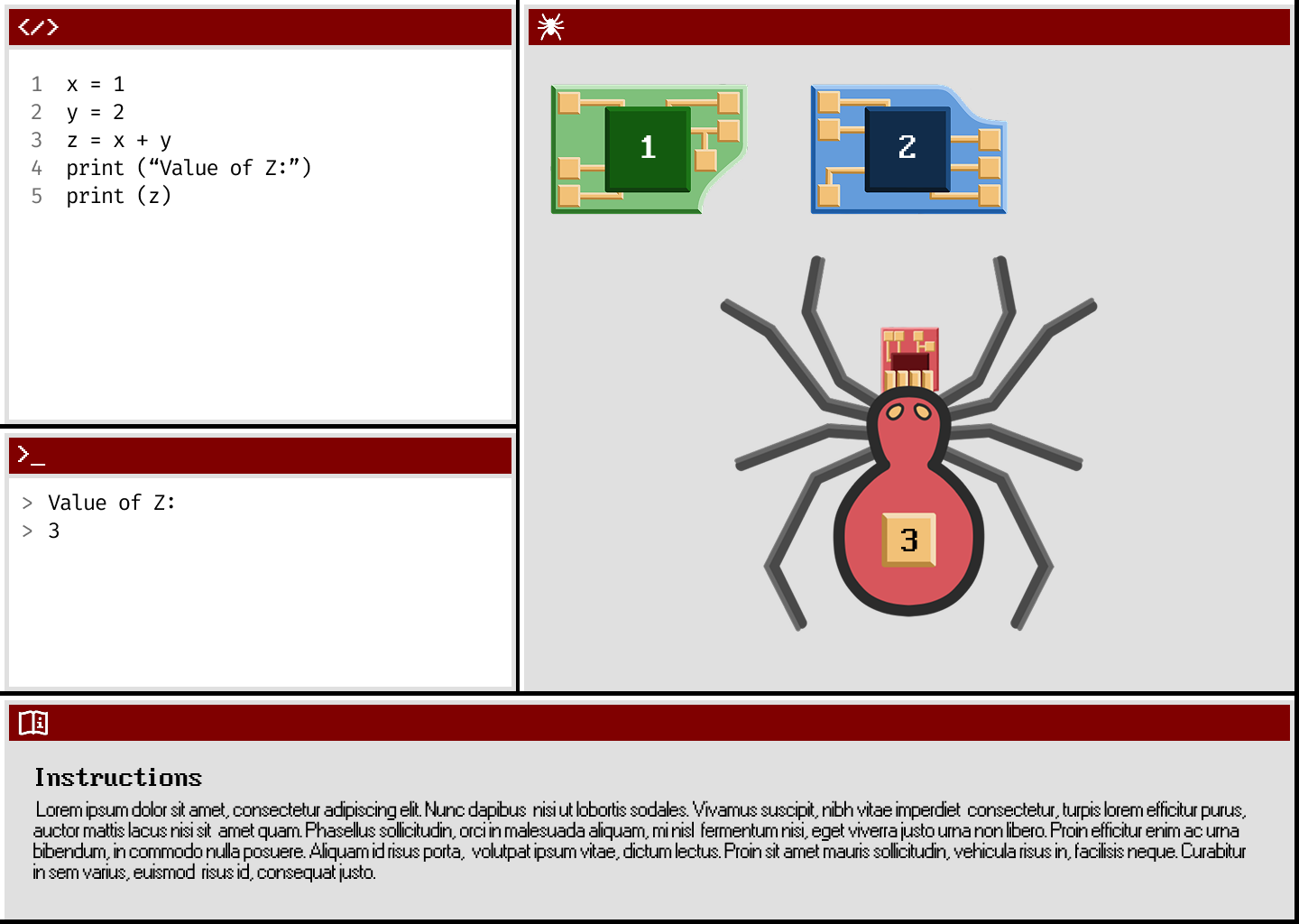 A high-fidelity mockup of the SpiderChip puzzle user interface. The page is divided into four main sections. Below the code editor, still on the left side of the screen is a console output window. On the left side of the screen is a code editor, which contains a code snippet. On the right side is a visualizer, which contains a spider icon and a row of variables. The avatar is positioned below the row.  At the bottom of the screen, spanning the width of the screen, is a panel which contains instructions for the puzzle.