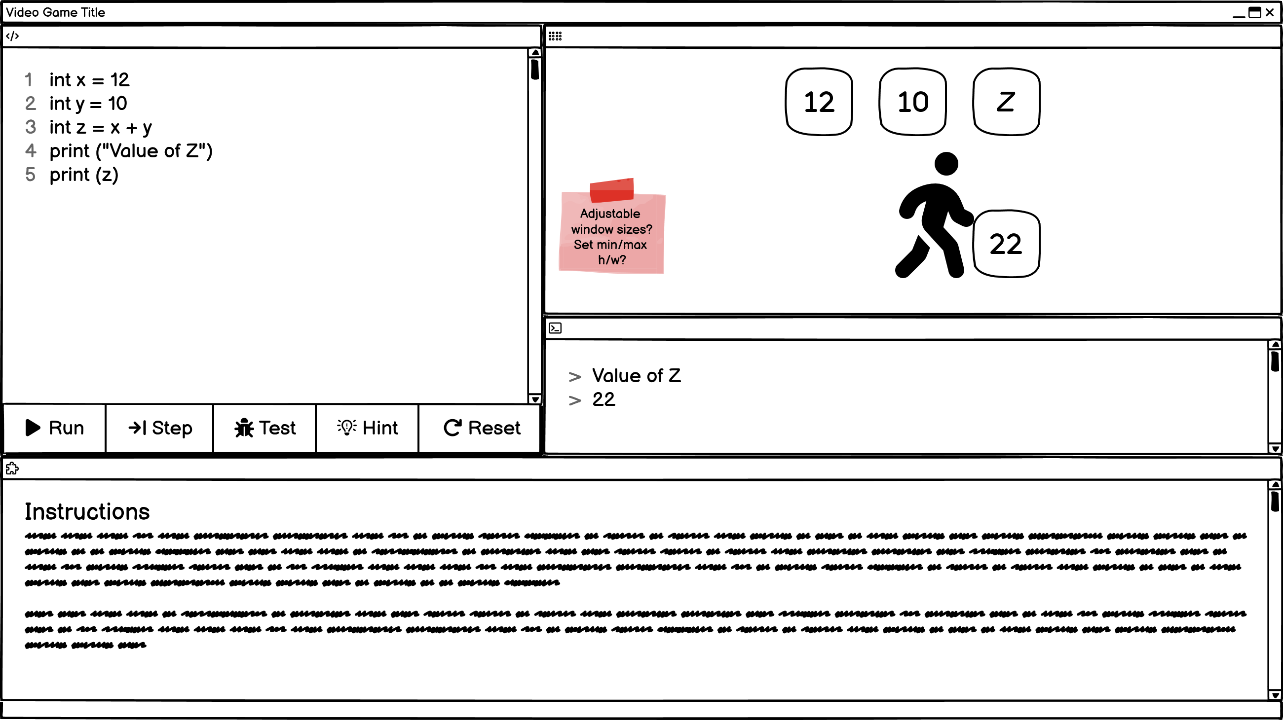A low-fidelity wireframe of the SpiderChip puzzle user interface. The page is divided into four main sections. On the left side of the screen is a code editor, which contains a code snippet. Below the code editor, still on the left side of the screen, is a row of buttons labeled Run, Step, Test, Hint, Reset. On the right side is a visualizer, which contains an avatar and a row of variables. The avatar is positioned below the row. Below the visualizer, still on the right side of the screen is a console output window. At the bottom of the screen, spanning the width of the screen, is a panel which contains instructions for the puzzle.